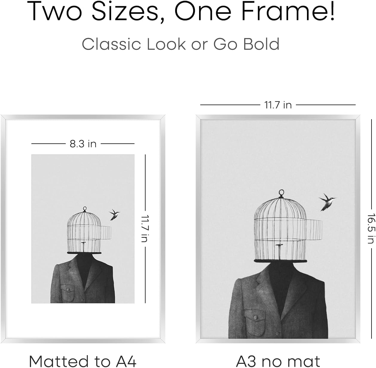 Homeforia A3 Picture Frame Silver, High End Metal 11.7 x 16.5 inch Poster Frames with Mat 8.3 by