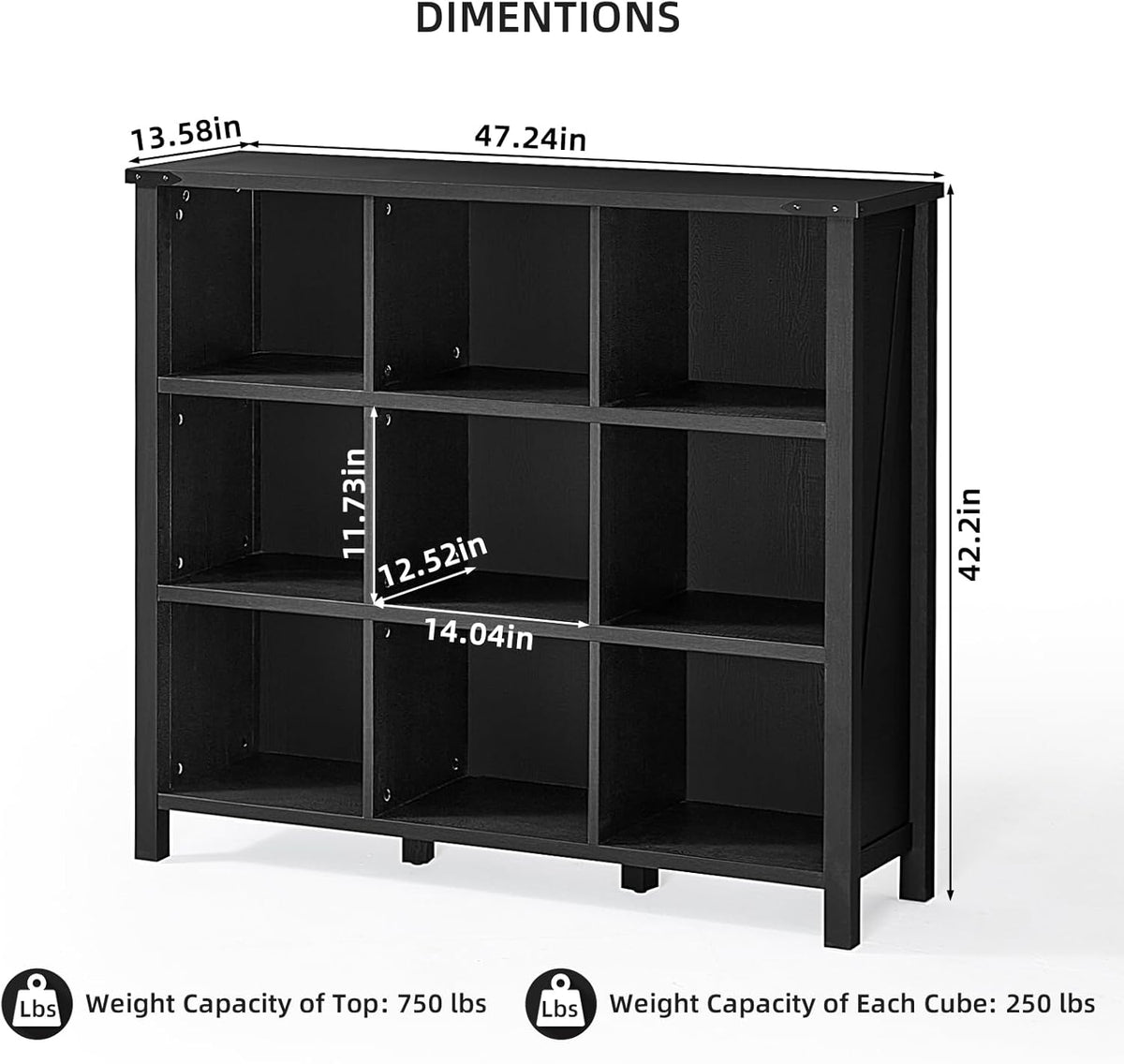 9 Cube Bookcase, Farmhouse 47 Inch Wide Black Bookshelf, Wooden 3 Tier Display Large Open Book