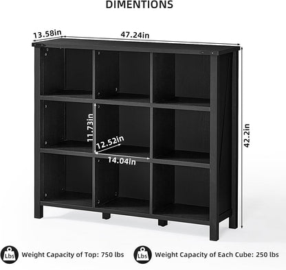 9 Cube Bookcase, Farmhouse 47 Inch Wide Black Bookshelf, Wooden 3 Tier Display Large Open Book