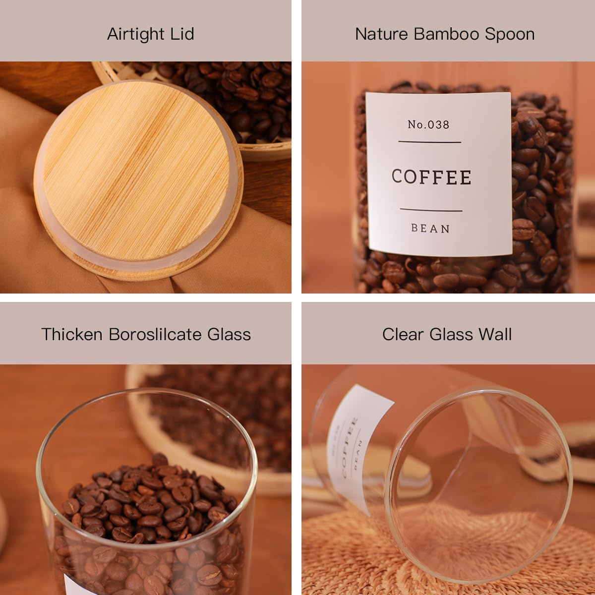 6-Pack Borosilicate Glass Storage Jars with Bamboo Lids + 132 Pre-Printed Pantry Labels Included
