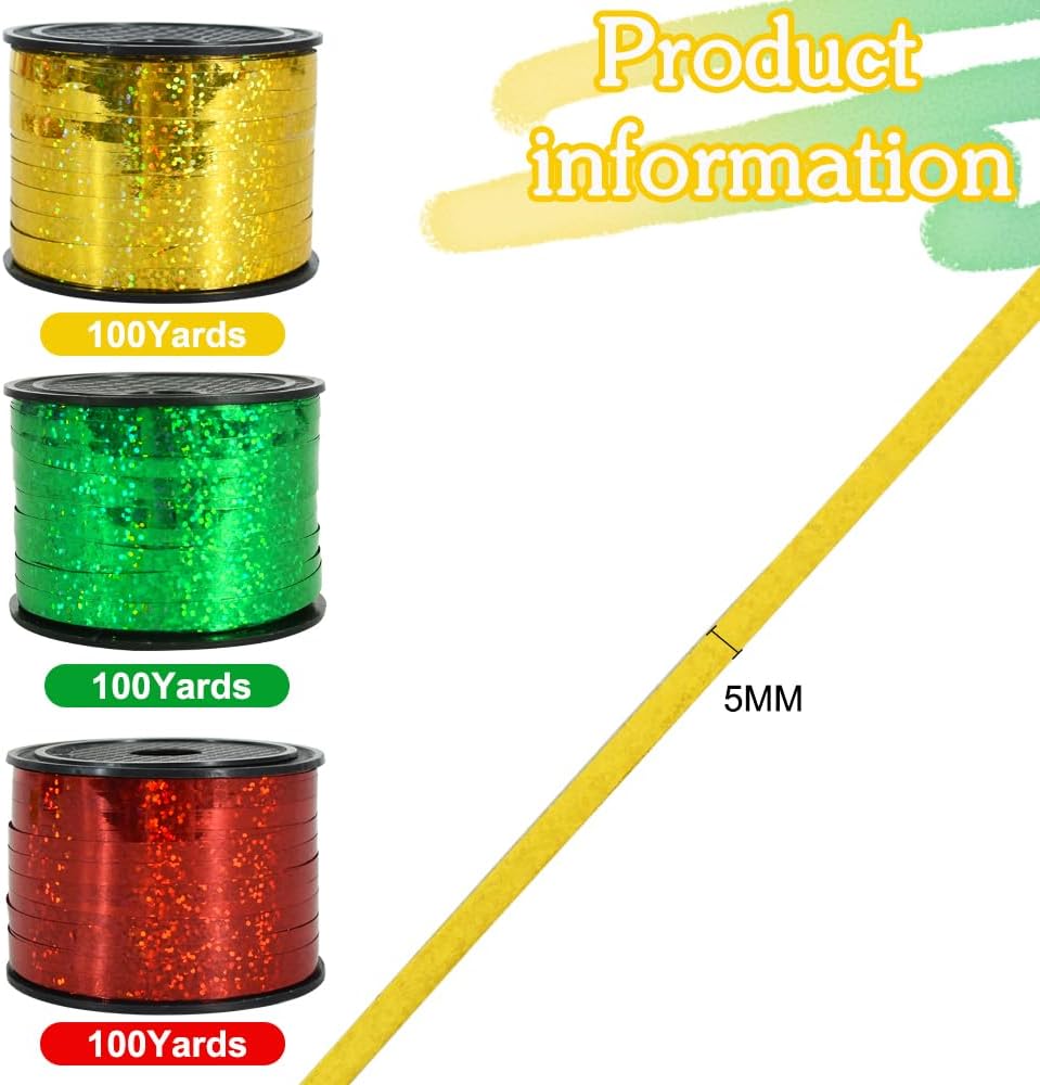BEISHIDA 3 Pack 100 Yards Gold Red Green Ribbon Curling Crimped Glitter Ribbon Balloon String Shiny