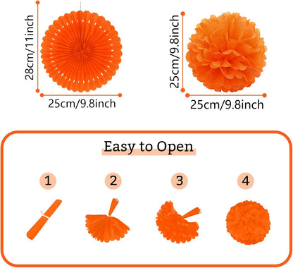Orange Party Decorations, Papar Fans Pompoms Fans Garlands for Halloween Birthday Bridal Baby