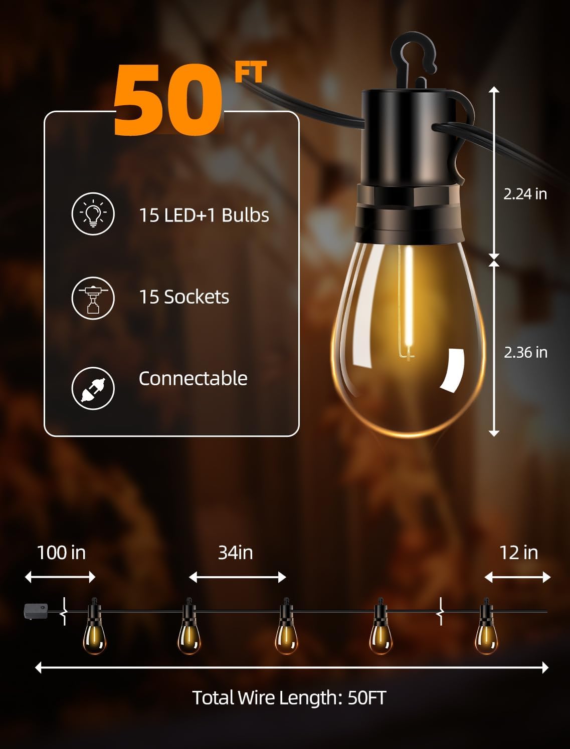 Outdoor Patio String Lights: S14 Shatterproof Bulb Outside Waterproof Light - 50Ft 15M Remote