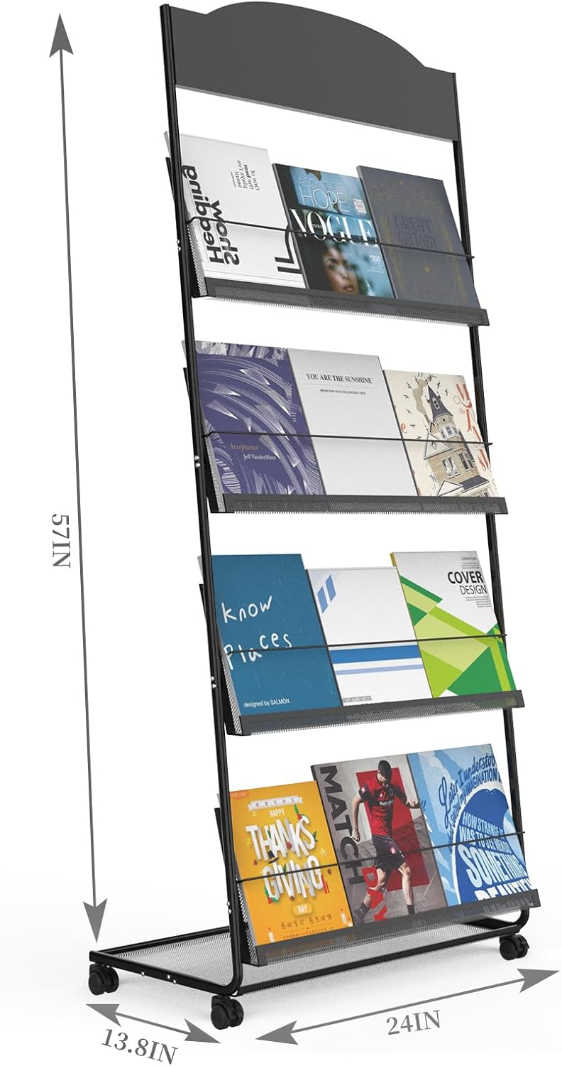 Floor-Standing Magazine Rack 4-Layer with Wheels, Semi-arched top Brochure Display Stand