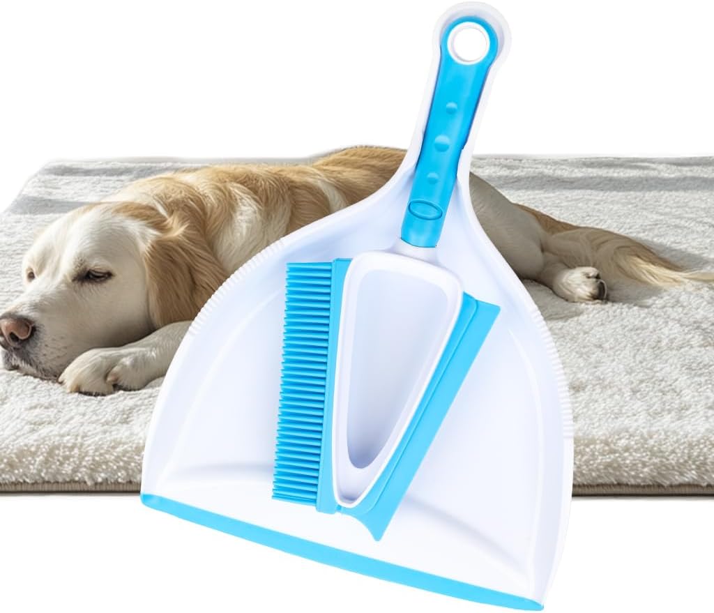 Pet Rubber Brush with Mini Dustpan,Dog Cat Hair Removal Brush with Squeegee,Portable Small Carpet