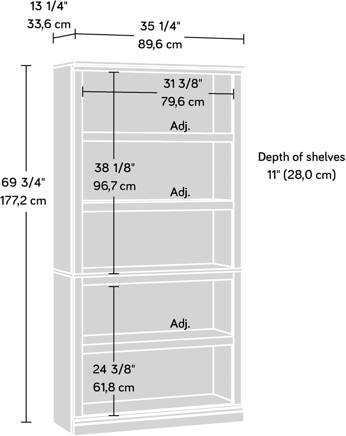 Sauder 5 Tier Book Shelf Wooden Bookcase Multipurpose Bookshelf for Home Office, Living Room, in