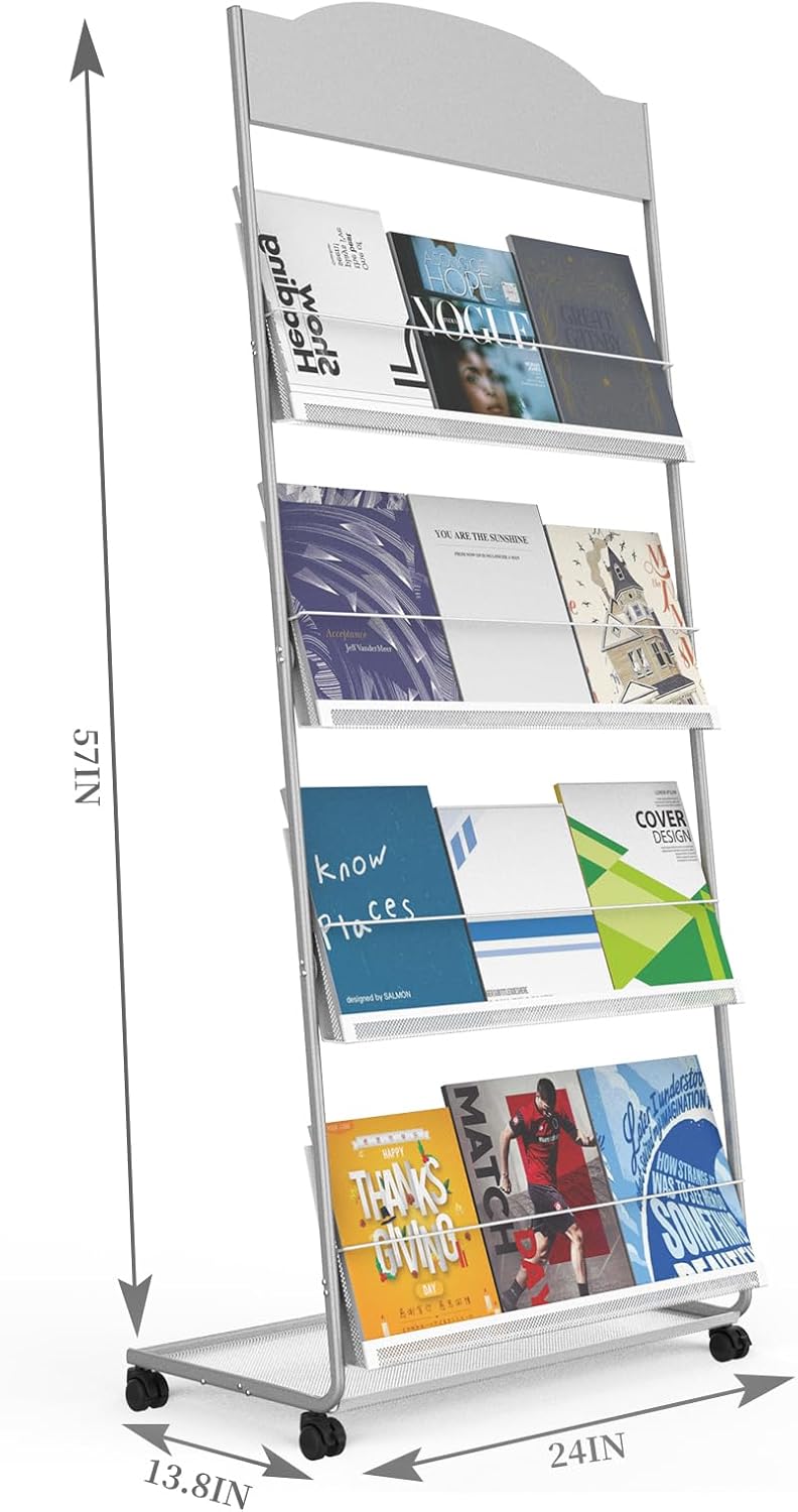 Floor-Standing Magazine Rack 4-Layer with Wheels, Semi-arched top Brochure Display Stand