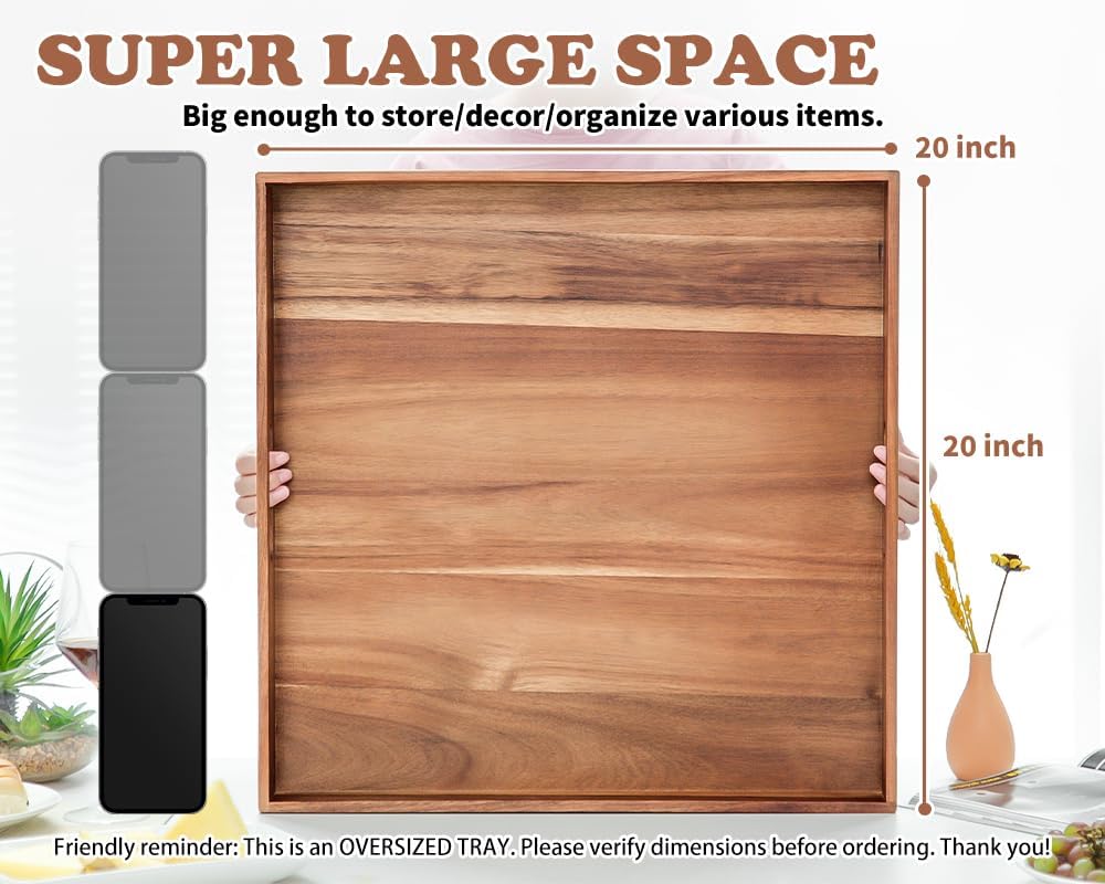 Large Ottoman Tray for Living Room, 20" Extra Large Tray for Ottoman Square Acacia Serving Trays