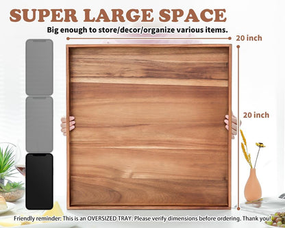 Large Ottoman Tray for Living Room, 20" Extra Large Tray for Ottoman Square Acacia Serving Trays