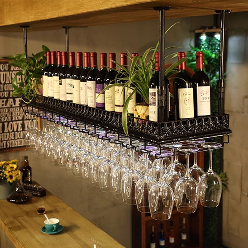 Hanging Wine Rack with Glass Holder, Ceiling Wine Glass Rack 13.78-21.65 inch Height Adjustable