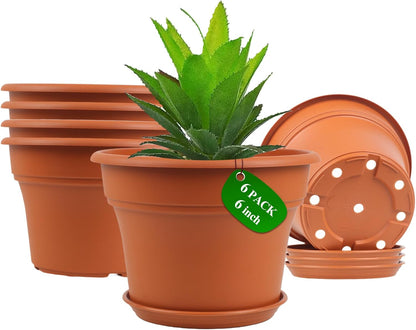 6 Inch Plastic-Flower Pot-for-Indoor Plants, 6 Pack Outdoor Plant Pots with Drainage Holes &