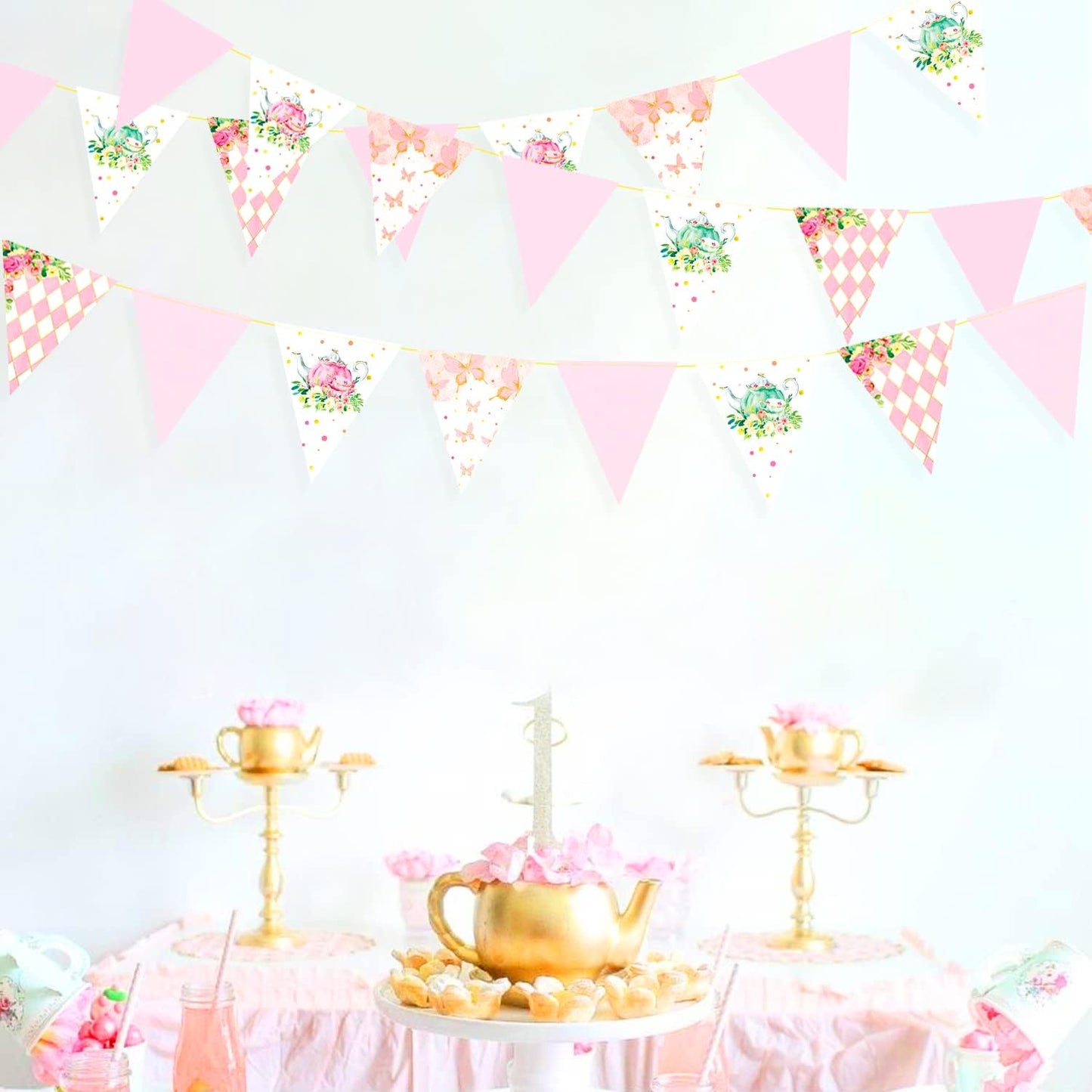 Spring Tea Party Decorations Pink and Gold Floral Flower Butterfly Teapot Teacup Plaid Paper