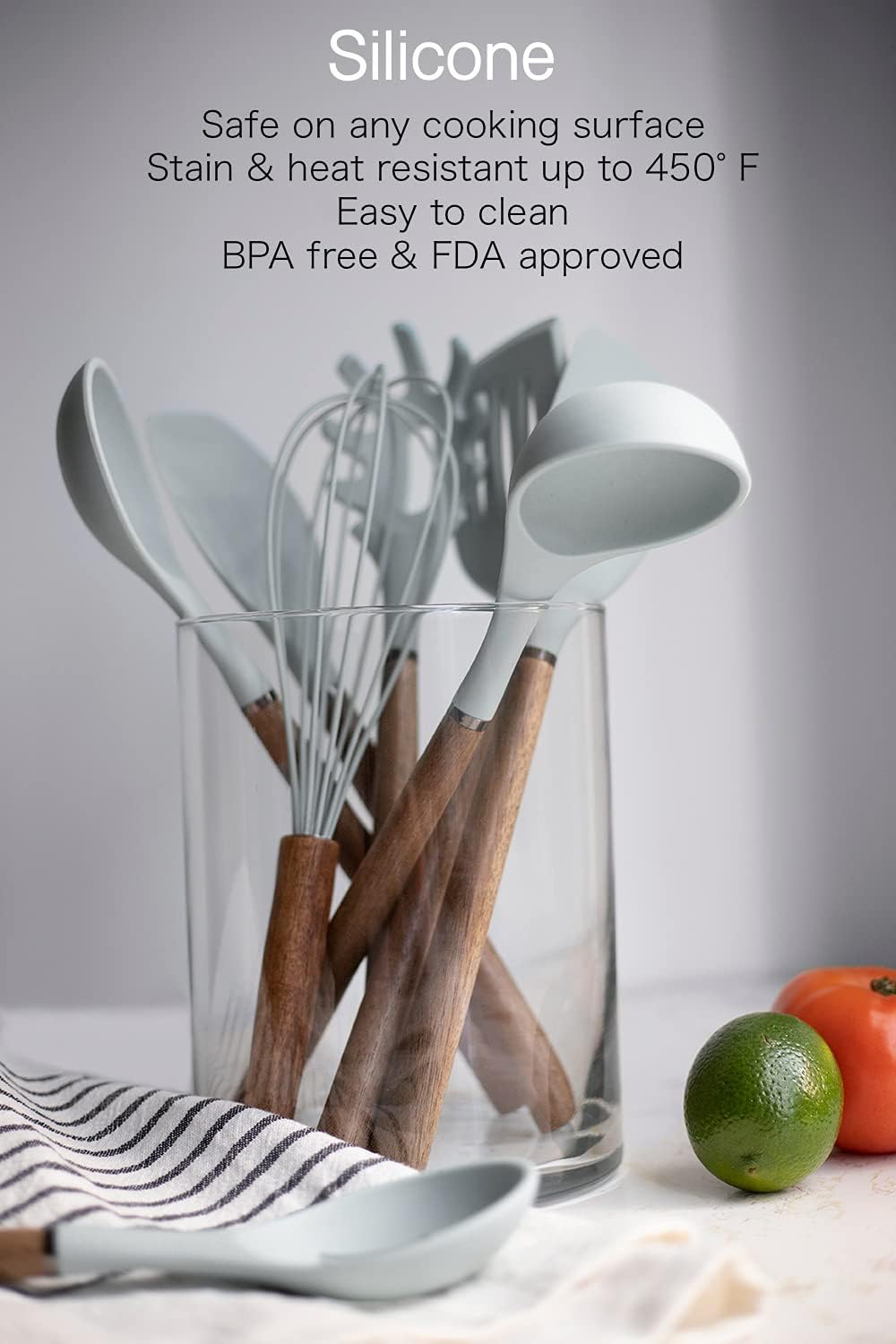 Country Kitchen Non Stick Silicone Utensil Set with Rounded Wood Handles for Cooking and Baking, 8