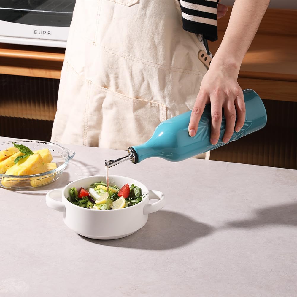 Sweejar Large Ceramic Olive Oil Dispenser Bottle, 24 Oz Relief Opaque Oil Cruet Protects Liquids