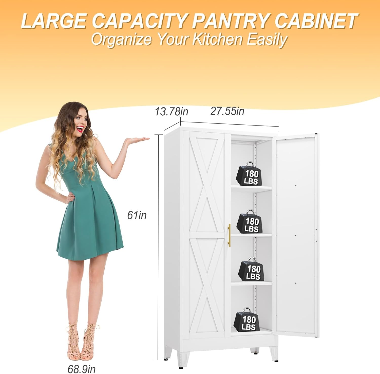 61" H Metal Kitchen Pantry Storage Cabinet, Freestanding Cupboard with 2 Doors and 3 Adjustable