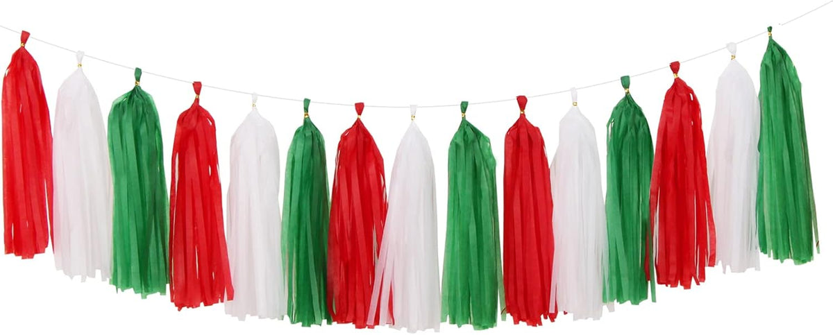 Red-Green White Christmas Party-Decorations Tassel-Garland -15pcs Mexico Italy Tassels Banner