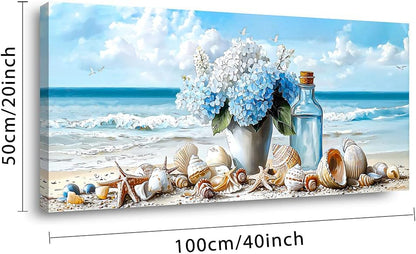 LASMOND Romantic Beach Wall Art for Living Room Blue Shells Conch Vase Canvas Prints Modern Large