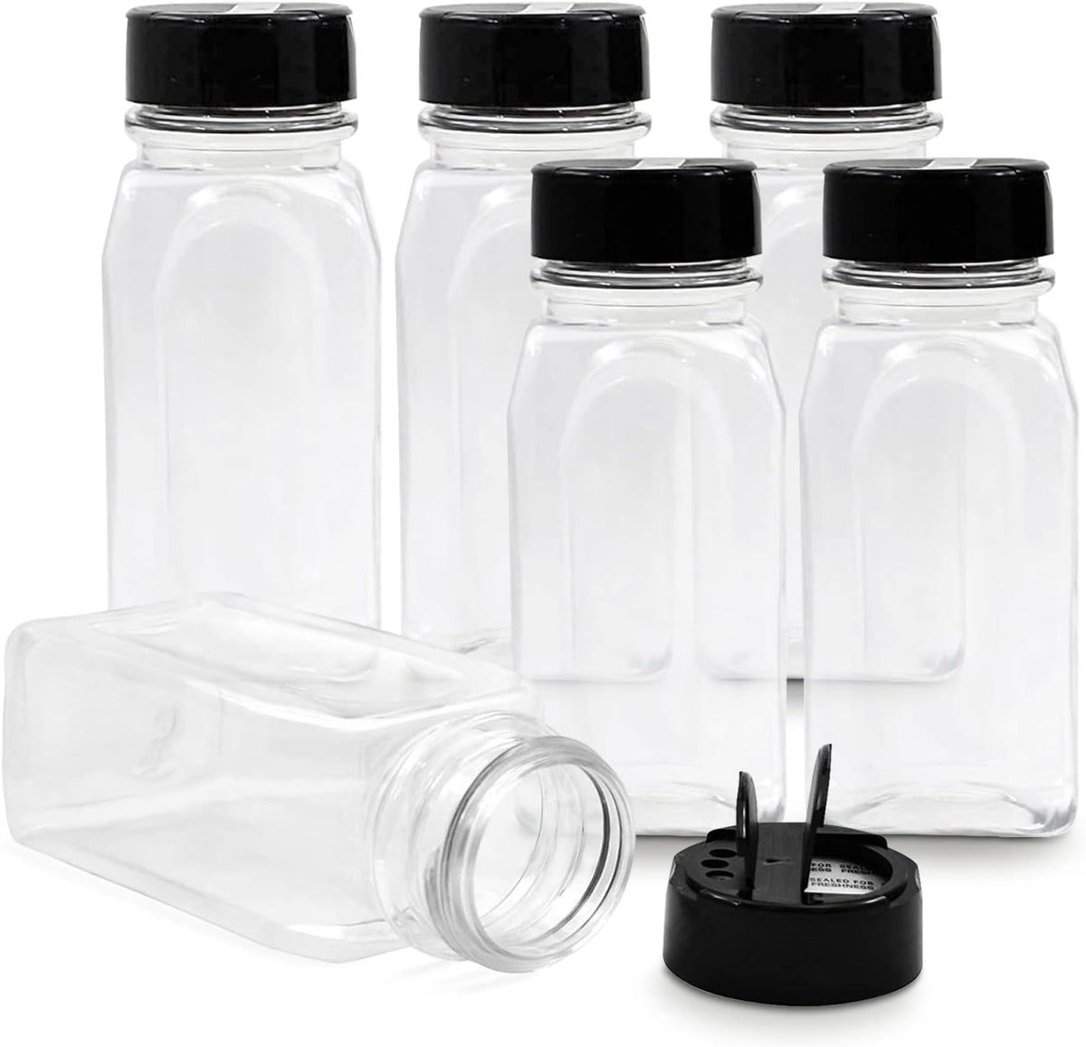 RoyalHouse - 6 Pack 14 Oz Plastic Spice Jars with Black Cap, Clear and Safe Plastic Bottle