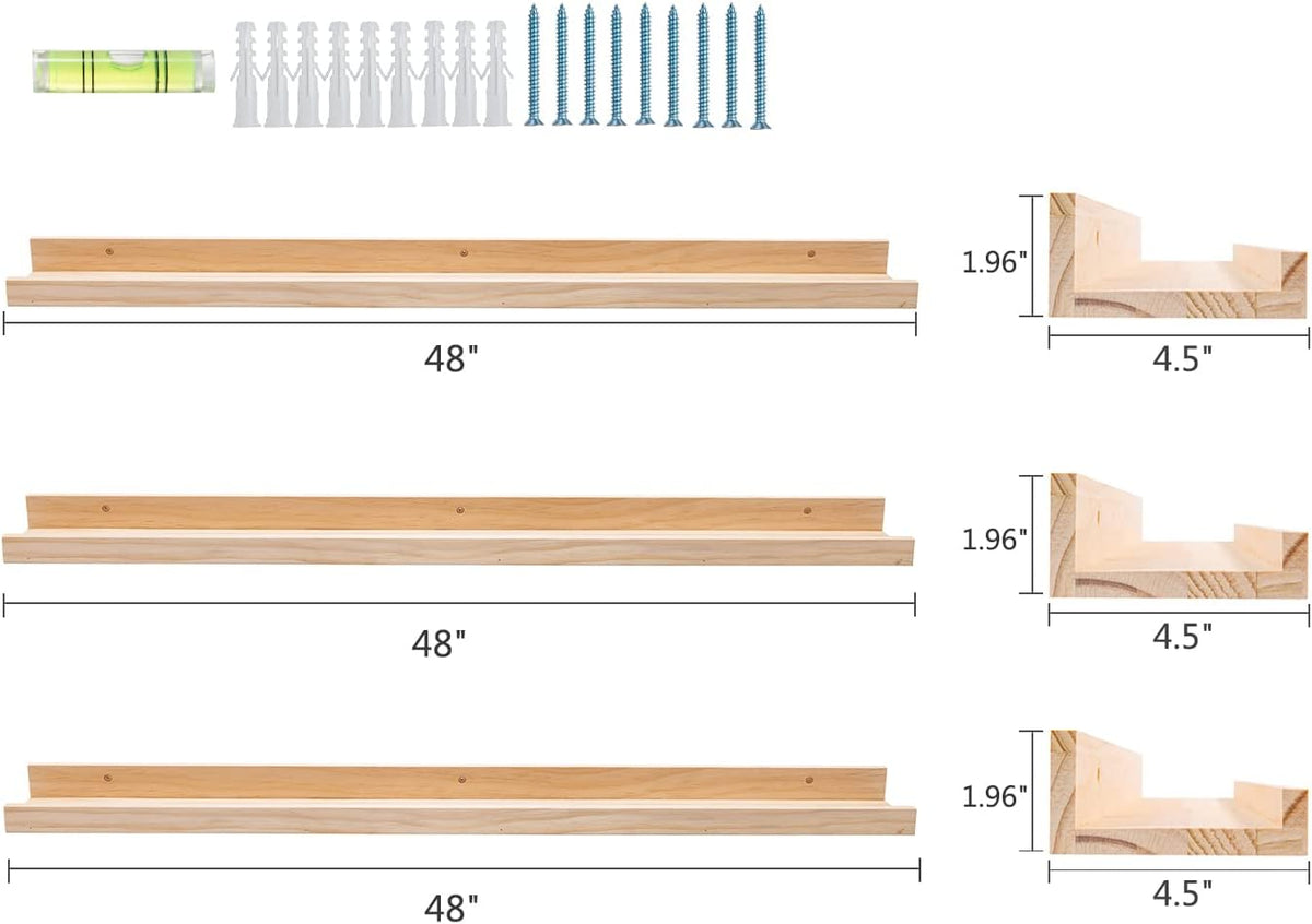 AZSKY 48 Inch Large Wood Floating Shelves for Wall Set of 3, Rustic Natural Picture Ledge Shelf