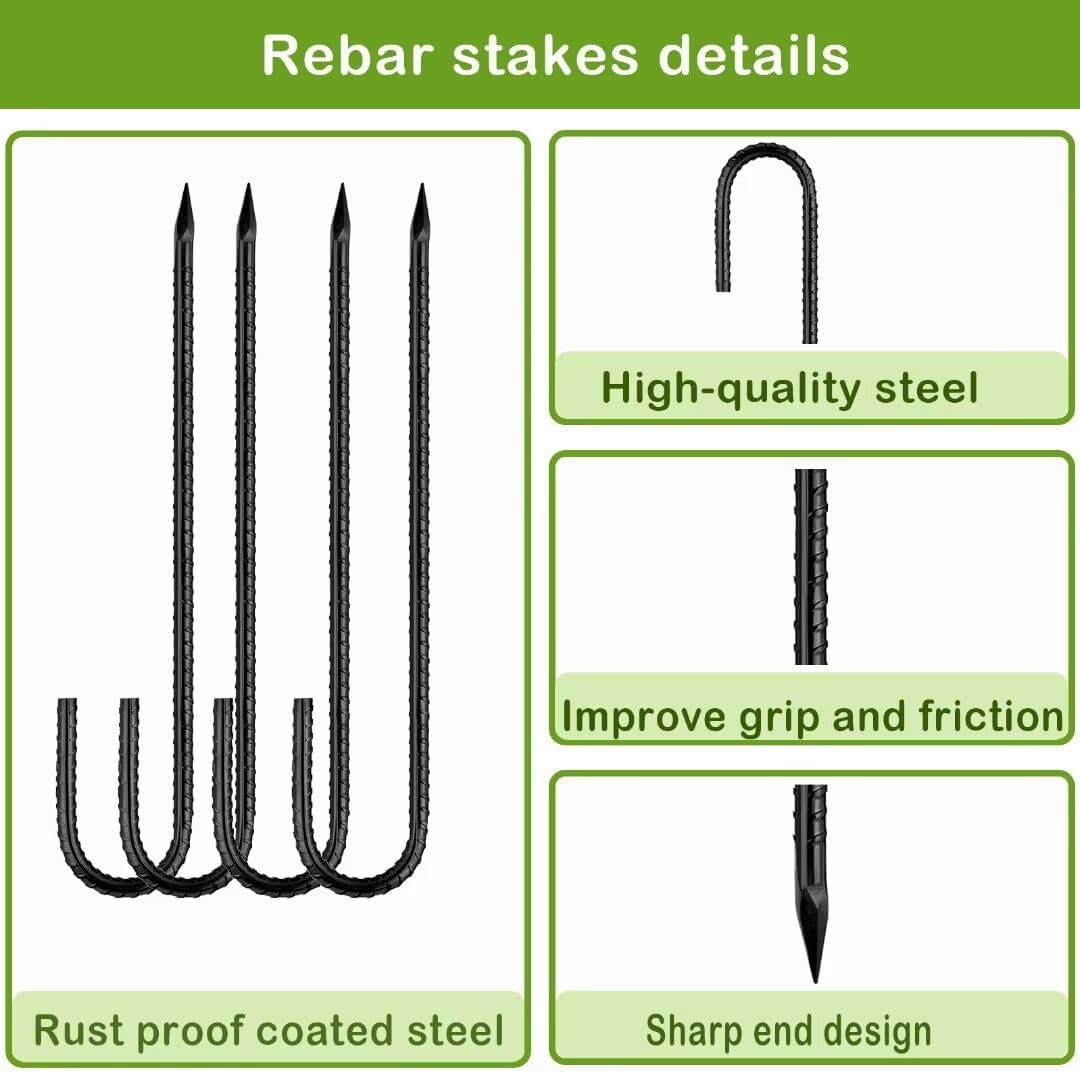 Rebar-Stakes-12-Inch, Ground Stakes Heavy Duty J-Hook Black Coated Anti-Rust Heavy Duty Ground