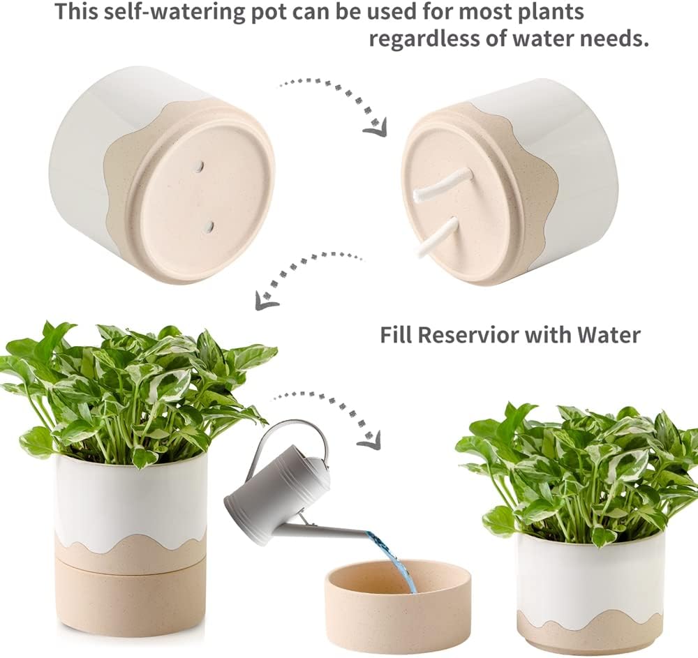 Nihow Self Watering Plant Pot: 6 Inch Ceramic Planter with Drainage Hole & Water Storage Plus for