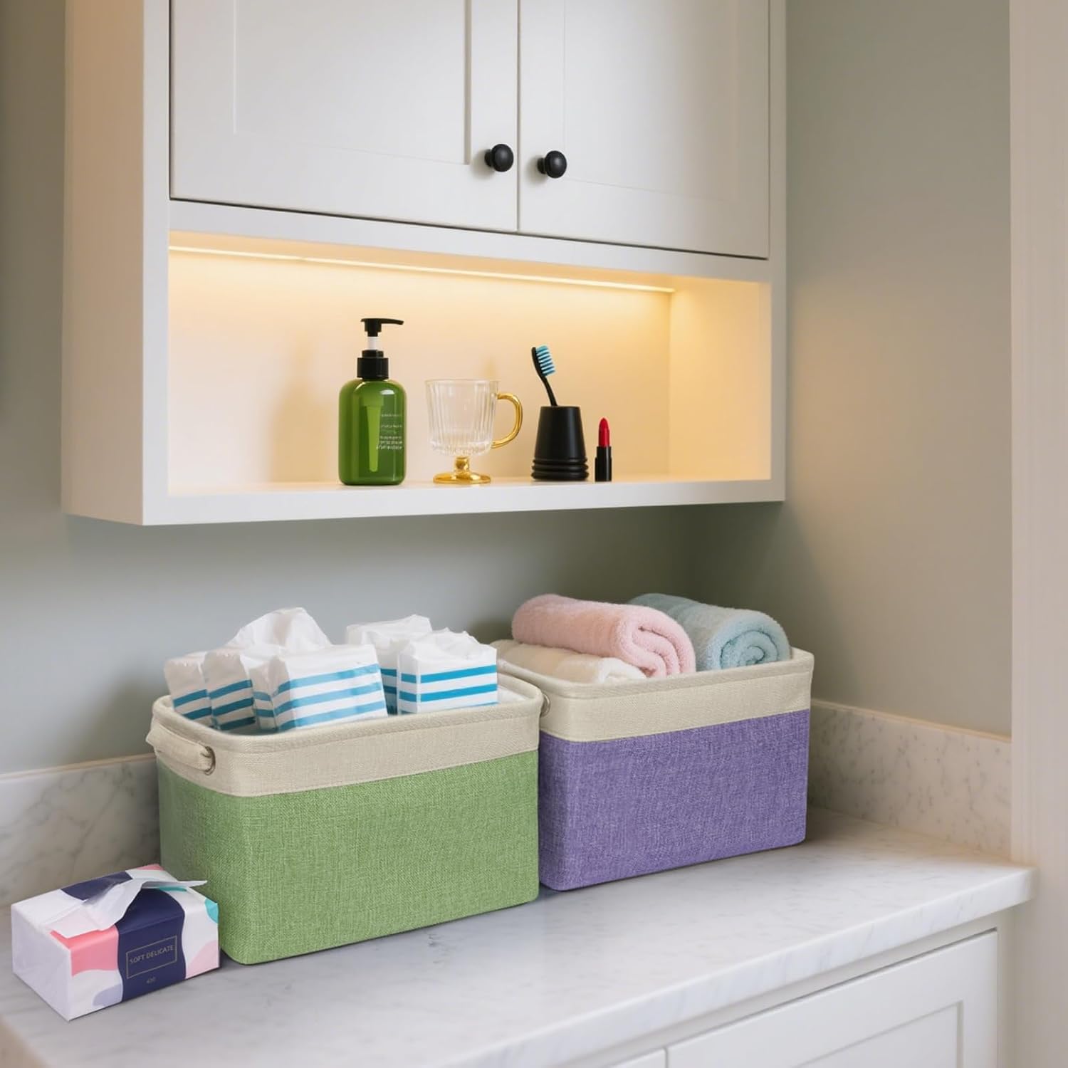 BALEINE 2 Pack Fabric Storage Bins for Shelves, Linen Storage Baskets for Organizing, Decorative