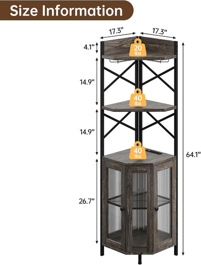 Corner Bar Cabinet with Power Outlet, 5-Tier Corner Wine Cabinet with Led Strip and Glass Holder