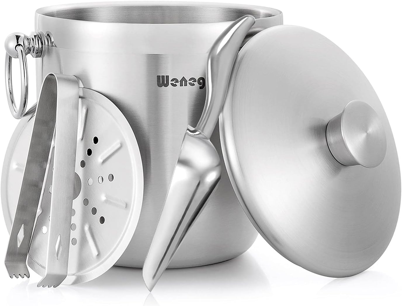 Ice Bucket with Lid, Scoop, Tongs and Strainer - Well Made Insulated Stainless Steel Keep Ice