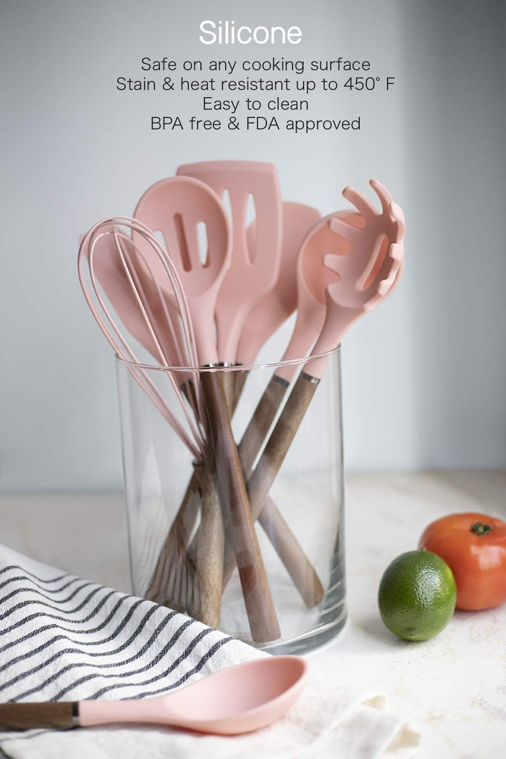 Country Kitchen Non Stick Silicone Utensil Set with Rounded Wood Handles for Cooking and Baking, 8