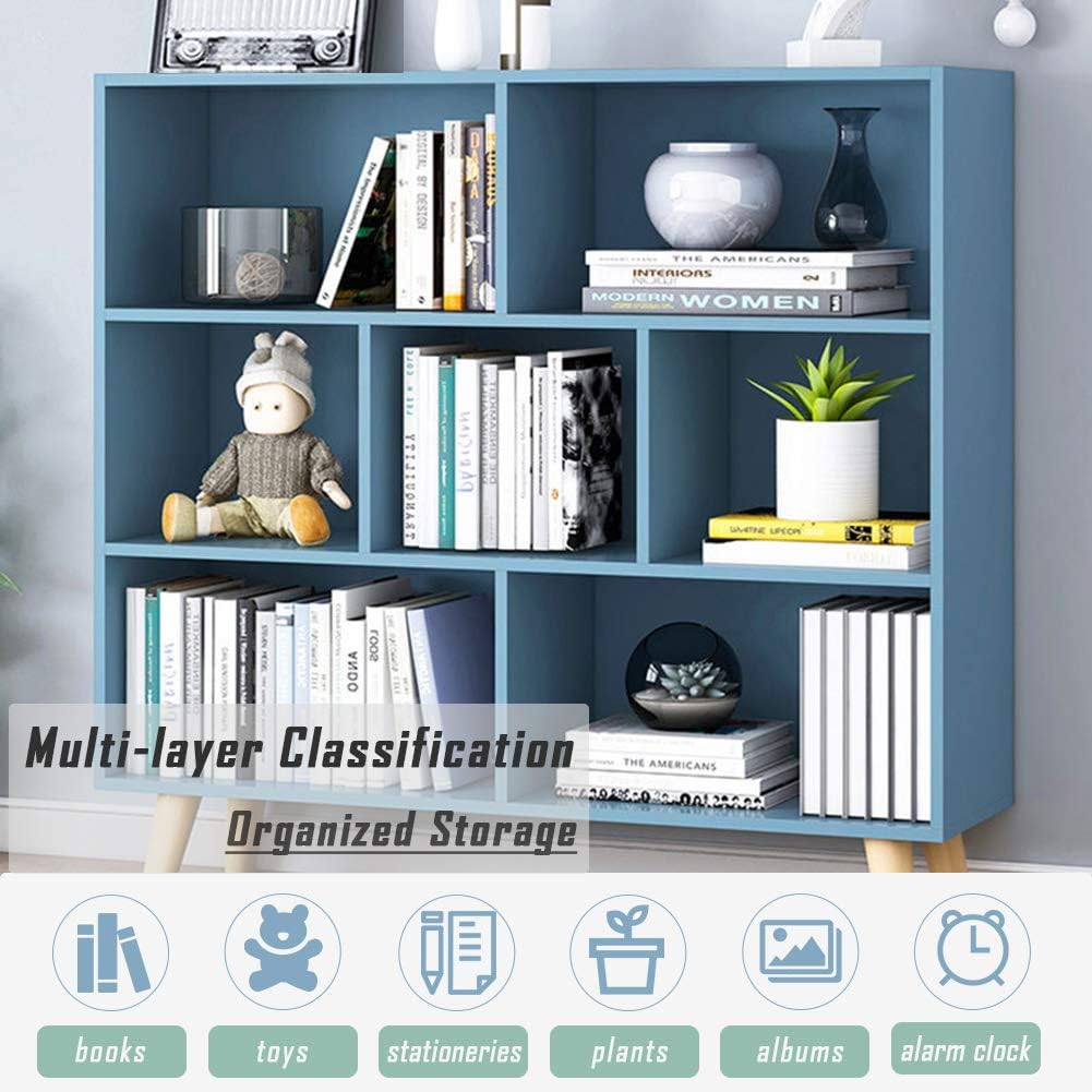 IOTXY Wooden Open Shelf Bookcase - 3-Tier Floor Standing Display Cabinet Rack with Legs, 7 Cubes