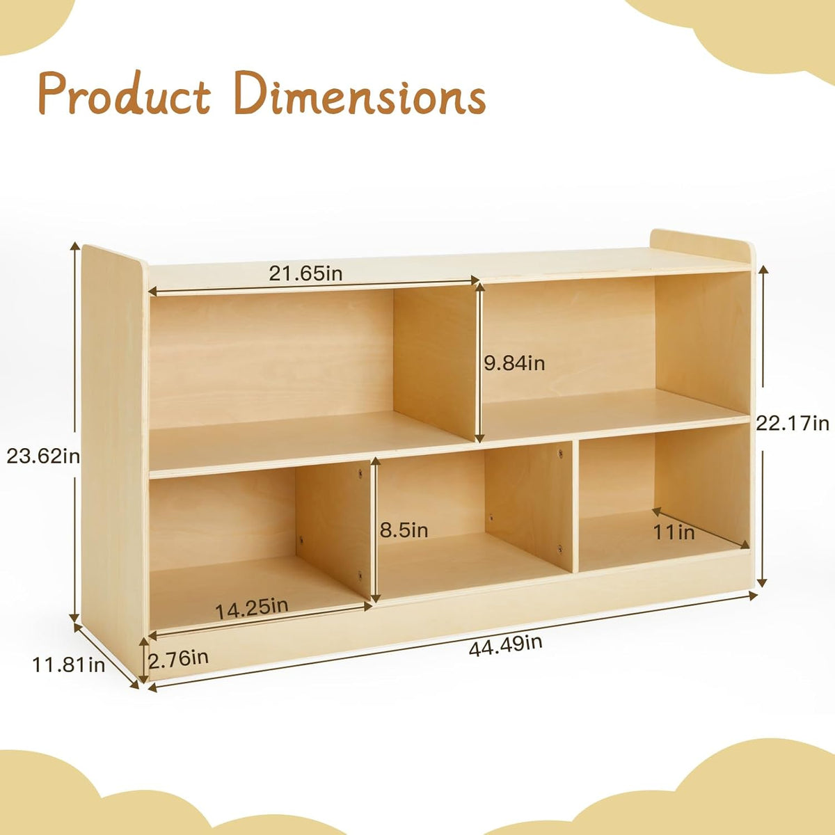 Montessori Shelf, Wooden Toy Storage Organizer for Books Toys, 2 Shelf Bookcase, 5-Section Storage