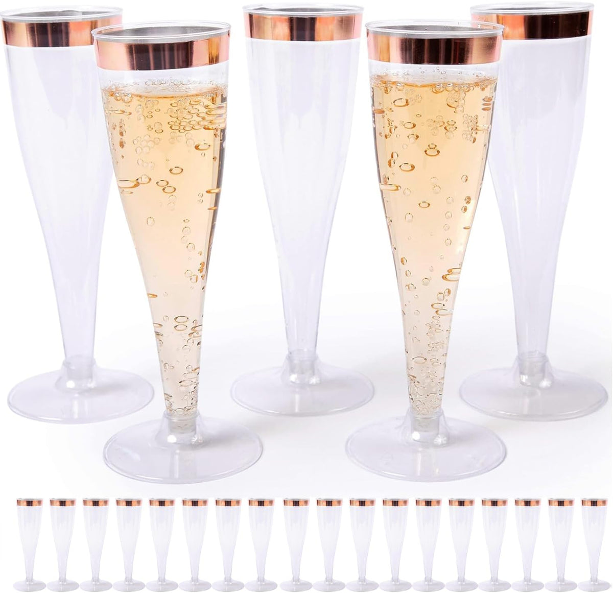 Prestee Set of 24 Plastic Champagne Flutes with Rose Gold Rim - 4.5 oz - Shatterproof Disposable