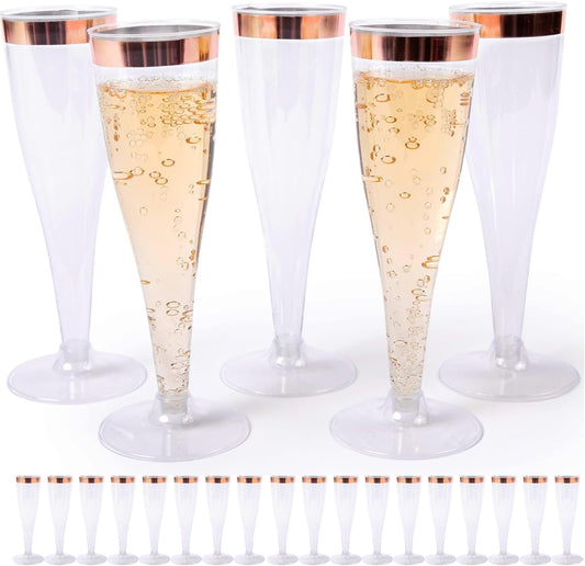 Prestee Set of 24 Plastic Champagne Flutes with Rose Gold Rim - 4.5 oz - Shatterproof Disposable