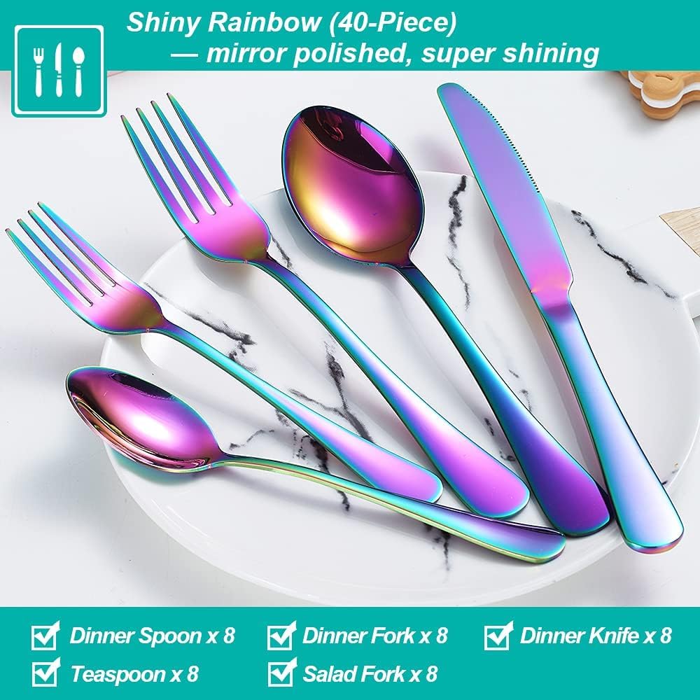 40 Pcs Rainbow Silverware Set for 8, Food Grade Stainless Steel Flatware Set, Eating Utensils Sets