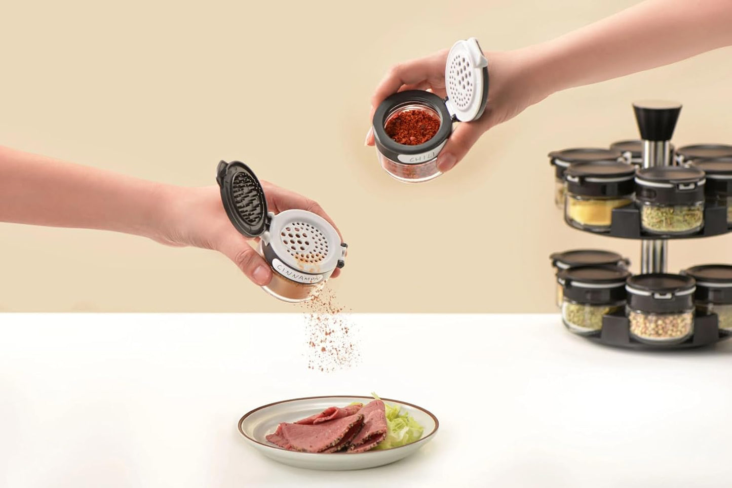 360 rotating 2 tier jars spice rack (6 small 6 large spice jars) Revolving Seasoning Organizer.