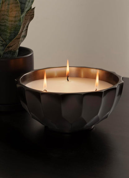 Kate and Laurel Plete Round Pleated Metal Candle Bowl, 8 Inch Diameter, Black Nickel, Modern