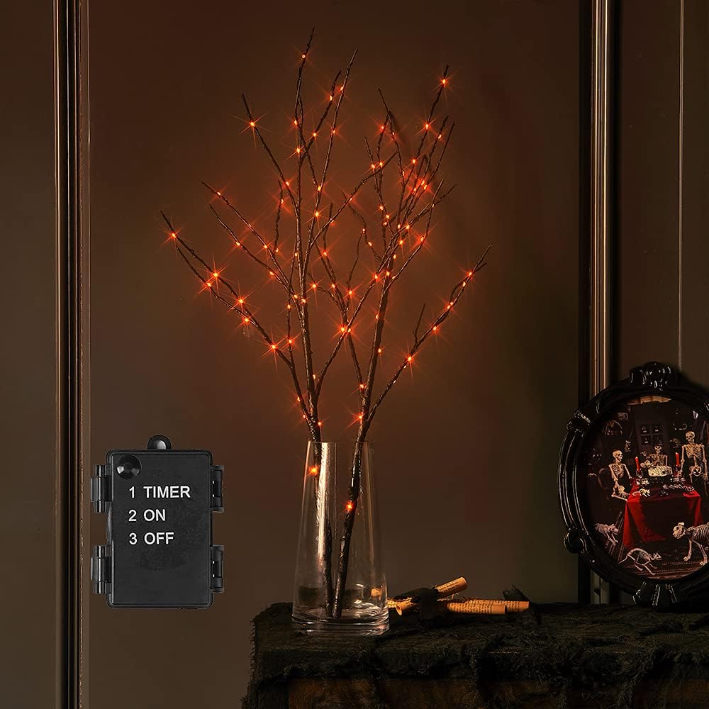 LITBLOOM Halloween Tree Branch Lights 32IN 100 Orange LED with Timer, Lighted Black Twig Branches