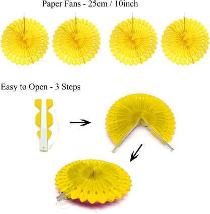 ZERODECO Party Decoration, 21 Pcs Yellow Hanging Paper Fans Pom Poms Flowers, Garlands String Polka