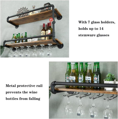 Wine Rack Wall Mounted 2 Tier, Hanging Floating Bar Liquor Shelves with Glass Holder Storage Under