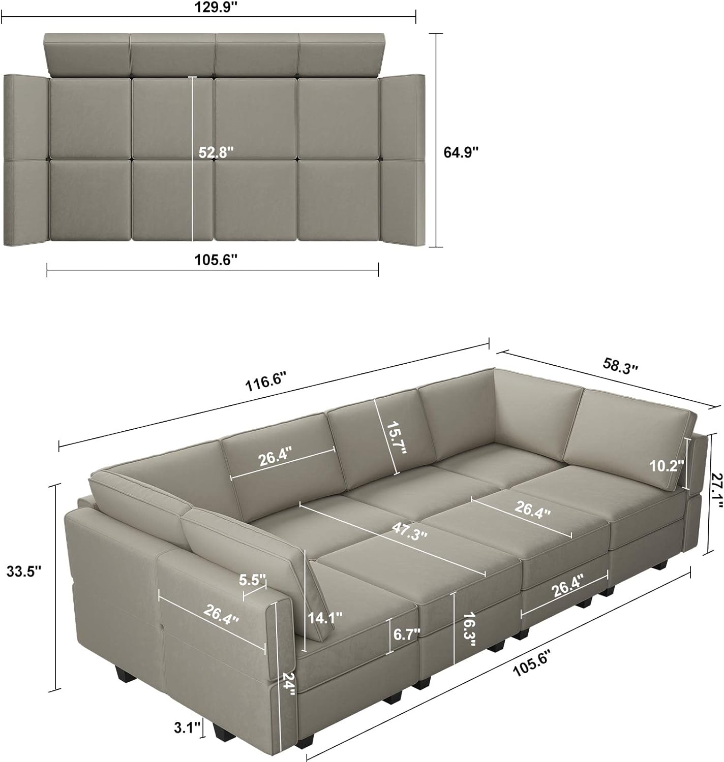Belffin Modular Sectional Sofa with Storage Chaises Sectional Sleeper Sofa Couch 8 Seat Sectional