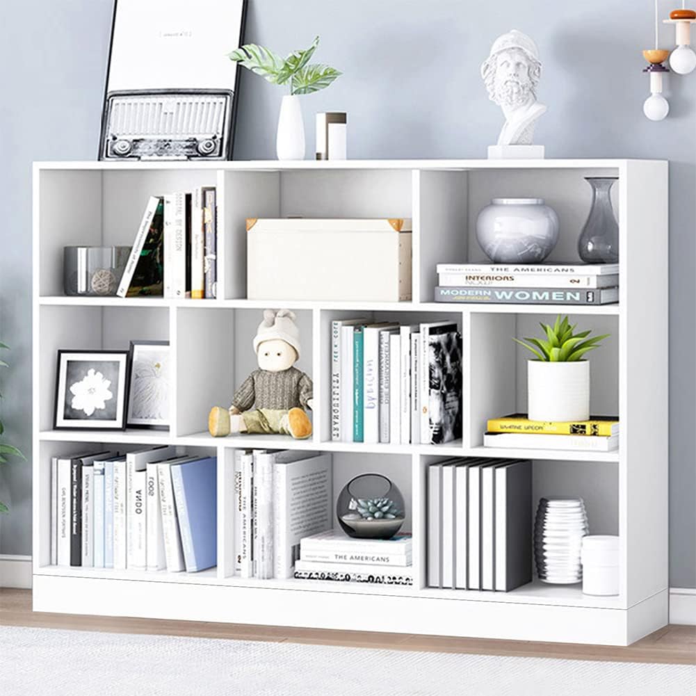 IOTXY Open Shelf Low Bookcase - Wooden 3-Tier Floor Standing Display Cabinet Organizer with Base