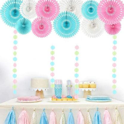 He or She Gender Party Supplies Blue Pink White Hanging Honeycomb Round Paper Fans for Birthday