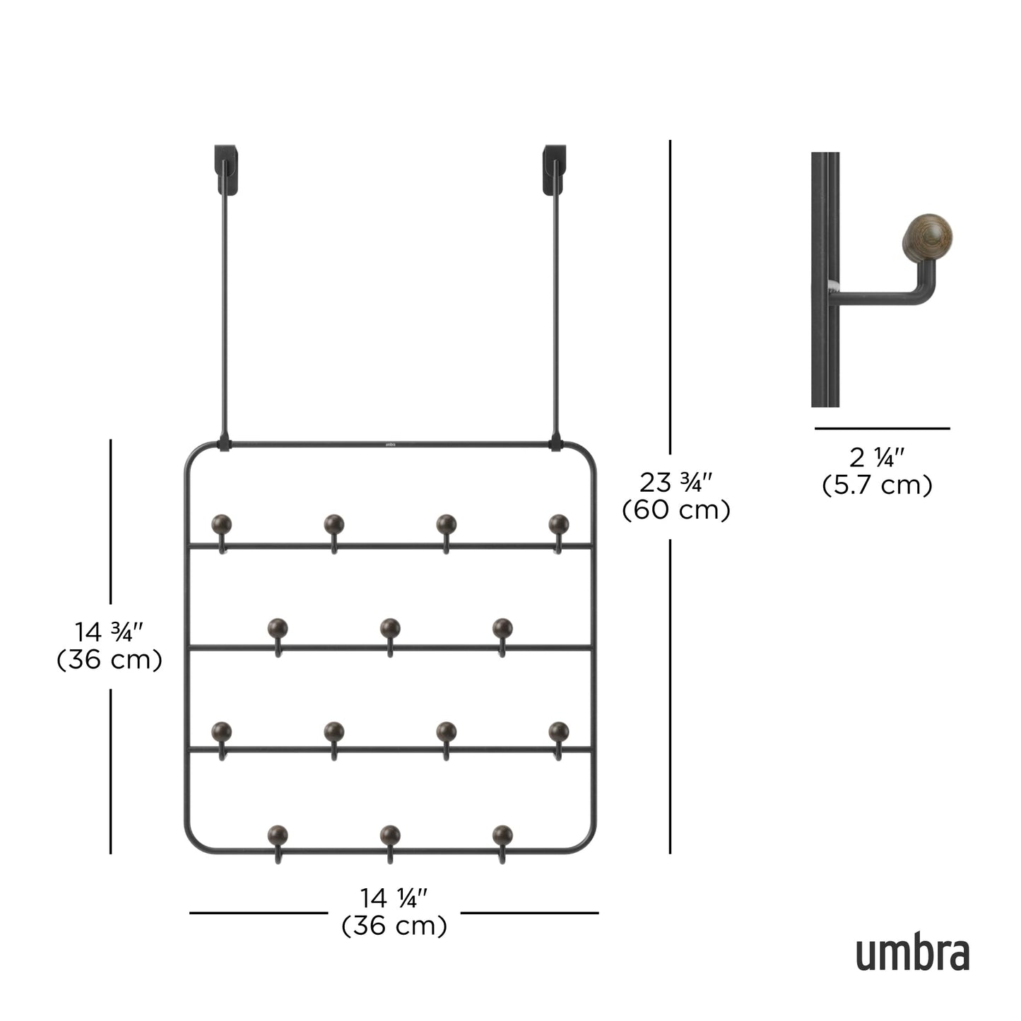 Umbra Estique Coat Rack, Over the Door Wall Hooks, 14 Hook, Black/Walnut