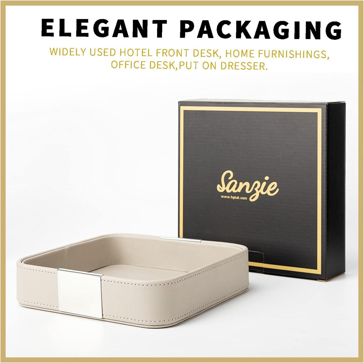 SANZIE Luxury Leather Desktop Storage Small Catchall Organizer Decorative Tray for Entryway Table