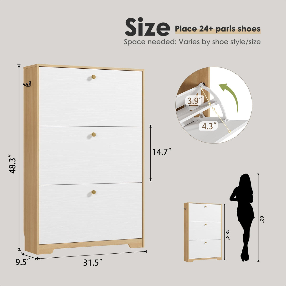 Nicetree Shoe Storage Cabinet with 3 Flip Drawers, Natural Oak and White