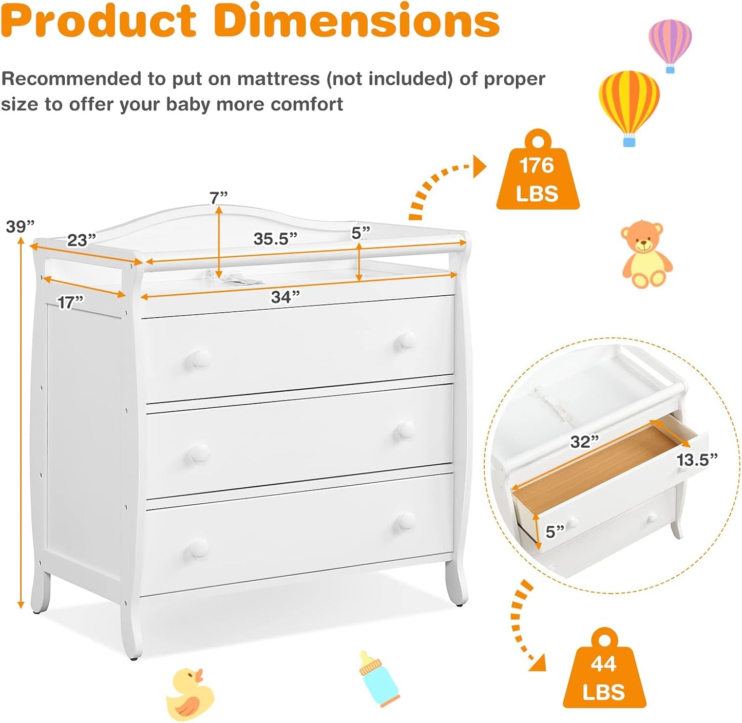 Costzon 3-Drawer Changing Table, Infant Diaper Changing Station with Drawers, Safety Rails & Strap