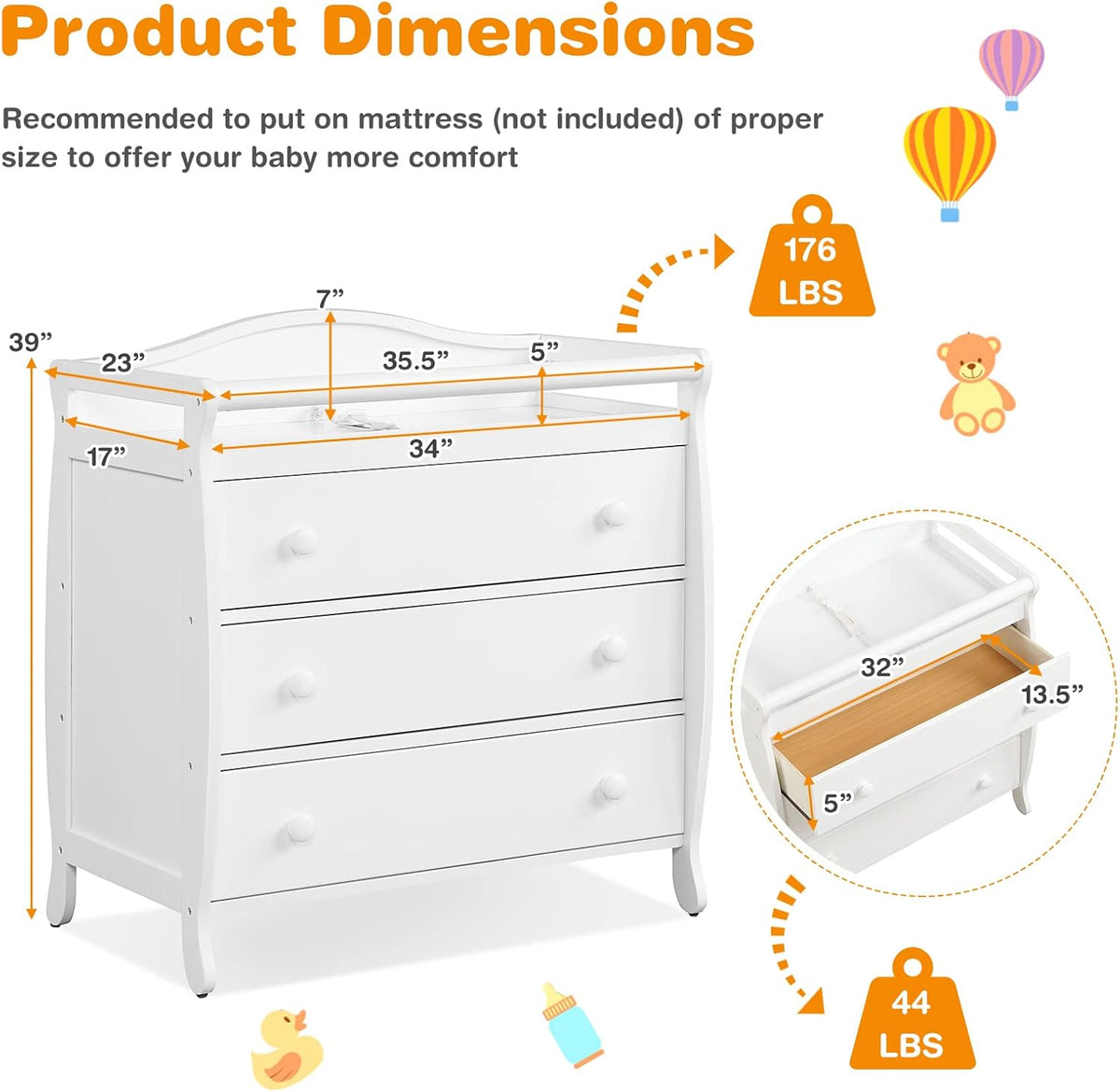 Costzon 3-Drawer Changing Table, Infant Diaper Changing Station with Drawers, Safety Rails & Strap