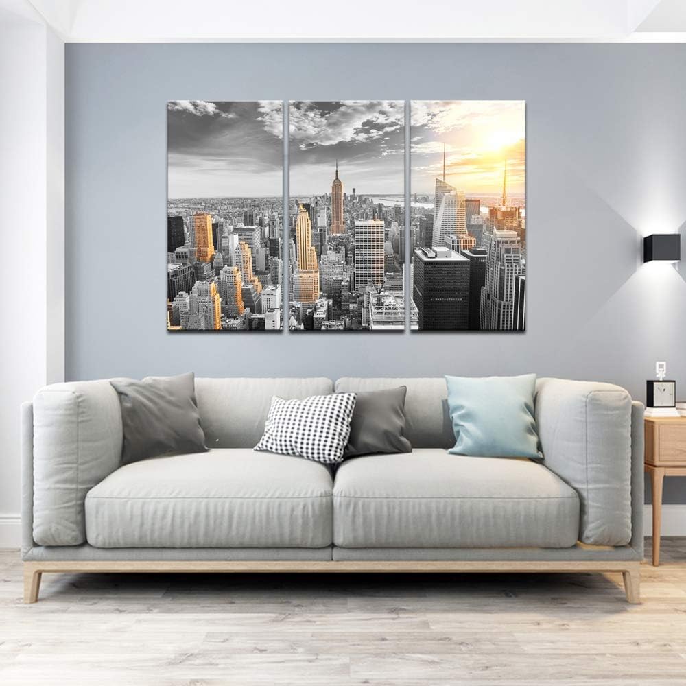 LevvArts Large 3 Piece New York City Canvas Wall Art Modern Black and White NYC at Gold Sunset