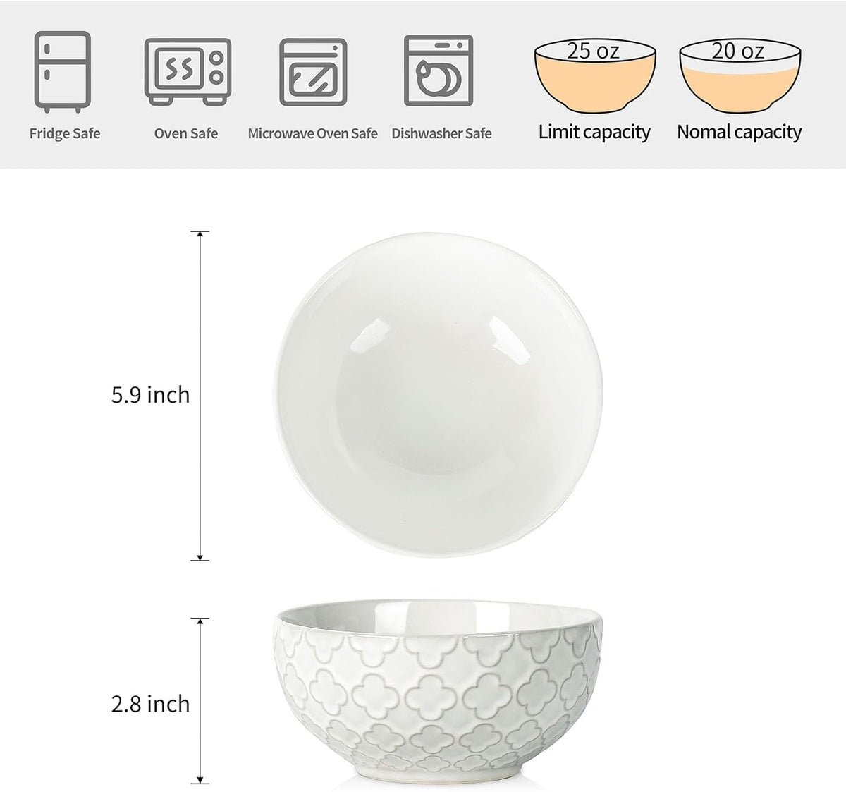 Sureasy Ceramic Cereal Bowls Set of 4-25 oz White Soup Bowls for Kitchen, Perfect for Soup, Pasta