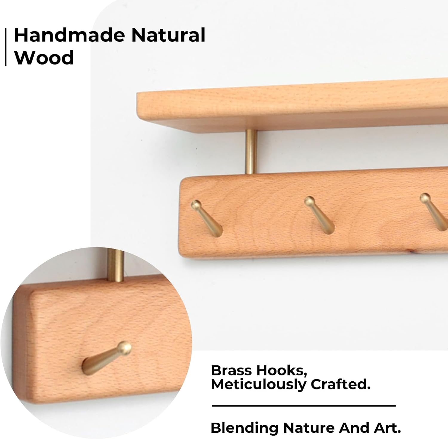 Shelf with Hooks, Solid Wood Bedroom Shelves for Wall, Wooden Coat Rack Wall Mount for Bathroom